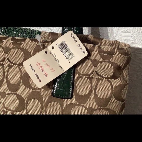 COACH NEW - signature monogram medium sized bag w/ green snake phyton trim - Picture 2 of 9